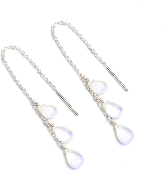 Sterling Silver Threader Earrings with Real Gemstone Beads - Elegant Pull-Through Design for Women, Dangling Western Earrings, Long and Short Adjustable Earring