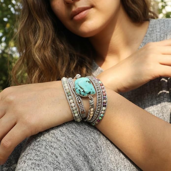 YGLINE Boho Handmade Wrap Leather Tube Crystal Stone Bracelet for Women