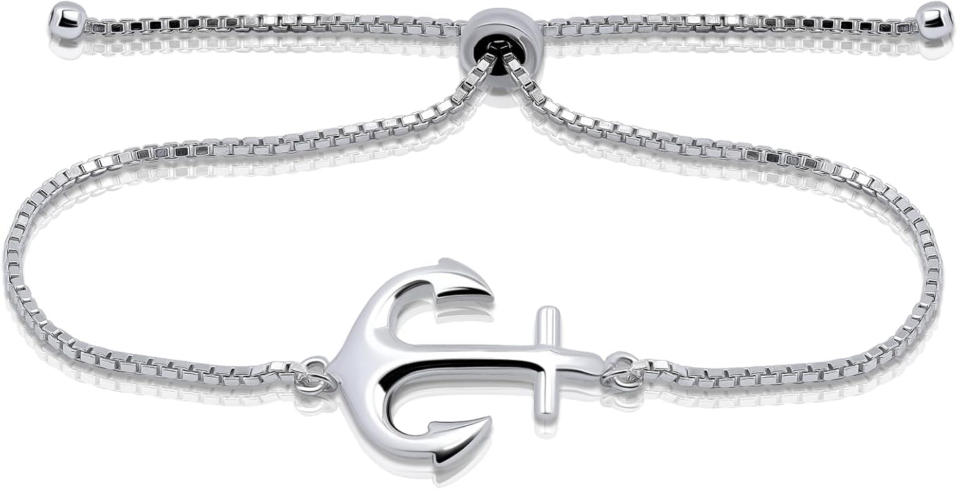 Hoops & Loops 925 Sterling Silver Sailor Anchor High Polished Hypoallergenic Anti-Tarnish Adjustable Bracelet for Women Men, Silver, Yellow Gold & Rose Gold