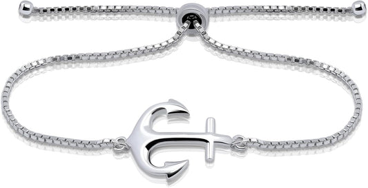 Hoops & Loops 925 Sterling Silver Sailor Anchor High Polished Hypoallergenic Anti-Tarnish Adjustable Bracelet for Women Men, Silver, Yellow Gold & Rose Gold