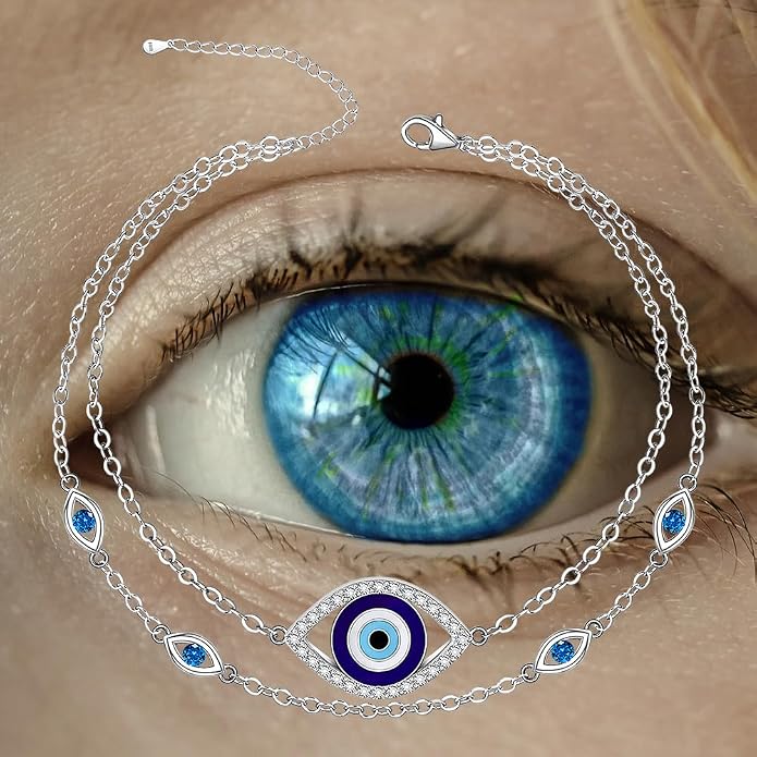 Evil Eye Anklet Sterling Silver Infinity Lotus Flower Evil Eye Anklets for Women Ankle Bracelets Turkish Blue Eyes Protection Chain Jewelry