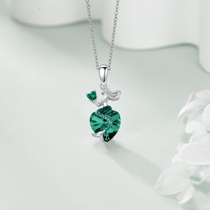 Mermaid Birthstone Necklace for Women 925 Sterling Silver Jewelry Austrian Crystal Pendant Christmas Gifts for Her