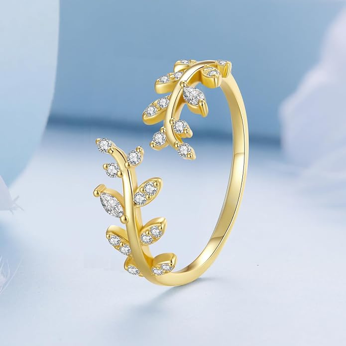 MUNDELL 925 Sterling Silver Simple Multi-layer Leaf Adjustable Ring Green Lucky Leaves Statement Ring for Women Promise Ring Fine Jewelry