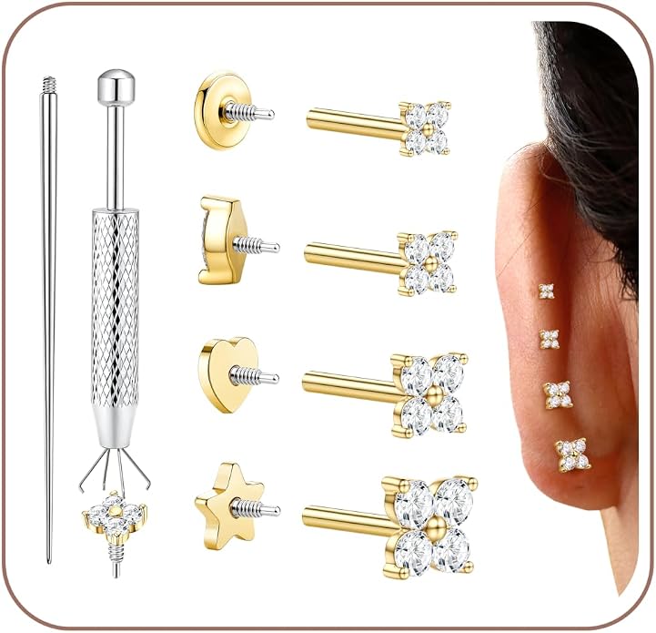 Drperfect 18G Reversible Flat Back Stud Earrings for Women Hypoallergenic Surgical Steel 14K Gold Silver Plated Internal Thread Stud Piercing Jewelry for Tragus Helix Cartilage Conch Piercing