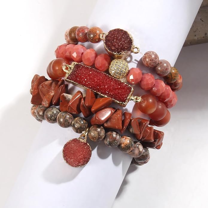 Yomisa 5PCS 6PCS Natural Boho Beaded Bracelets/Bangle for Women Men,Healing Turquoise Jasper Agate Crystal Gemstone Stone Chakra Multilayer Wrap Bohemian Handmade Jewelry Beads Stretch Bracelet Set