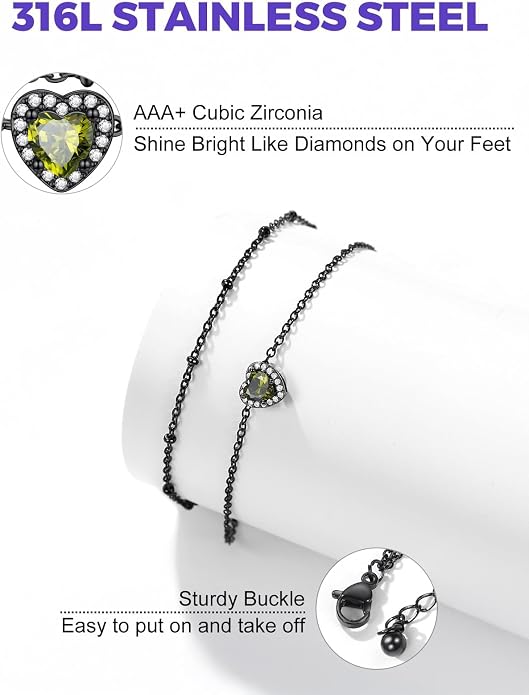 Richsteel Double Layer Heart/Butterfly Birthstone Anklet for Women Non Tarnish Waterproof, Silver/Gold/Black Stainless Steel 8.5-10.5 Inch Adjustable Chain Anklets Jewelry Gifts for Her
