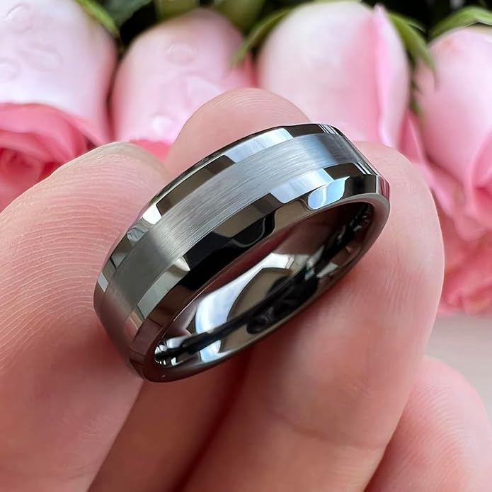 TUTISS 6mm 8mm Silver/Black/Gunmetal/Gold Tungsten Rings for Men Women Fashion Jewelry Engagement Wedding Bands Matte Polished Shiny Beveled Edges Comfort Fit