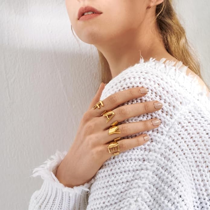 KeyStyle Bold Initial Letter Rings Adjustable, GoldChic Jewelry Women Gold Statement Ring Personalized Engraved Women’s Open Signet Ring for Party (Gold, White Gold, Black)