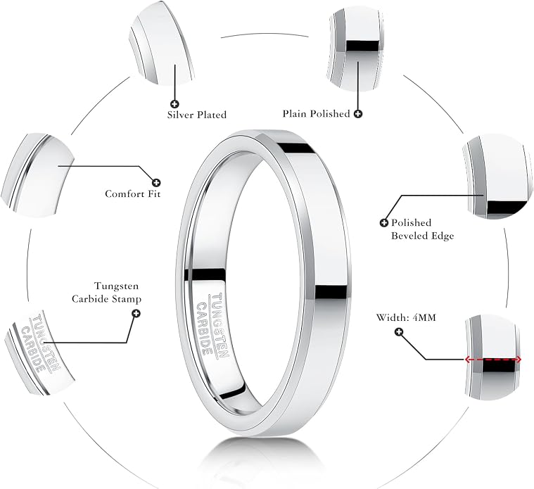 Vakki Tungsten Ring for Men 4mm 6mm 8mm Silver Plain Engagement Wedding Band High Polish Finish and Beveled Edges Comfort Fit Size 5-12