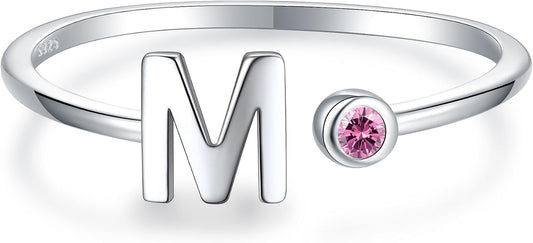 925 Sterling Silver Initial Letter Birthstone Rings for Women Adjustable 1-12 Month Birthstone Alphabet Stacking Ring for Teens Girls Stackable Birthstone Rings Birthday Jewelry Gift for Daughter Mom