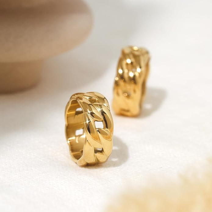 Chunky Statement Rings for Women, Wide Signet Dome Croissant Twist Band Non-Tarnish 18k Gold Plated Stainless Steel Size 5-11