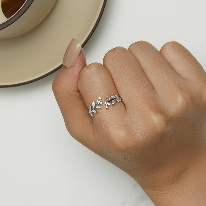 MUNDELL 925 Sterling Silver Simple Multi-layer Leaf Adjustable Ring Green Lucky Leaves Statement Ring for Women Promise Ring Fine Jewelry