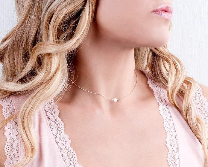 Opal Bead Choker Necklace – Rose and Gold Filled or Sterling Silver, Blue or White Opal Ball, Dainty Minimalist Jewelry 13.5"-16.5"