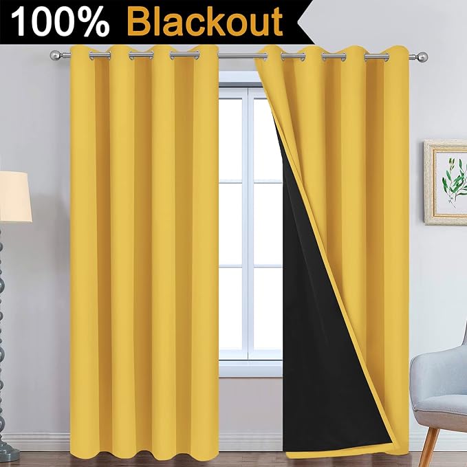 Yakamok Mustard Yellow Blackout Curtains Panels 96 Inches Long, 52" Wide | Blackout Curtain Panels for Bedroom, 2 Thick Layers Grommet Top Thermal Insulated Drapes with Black Liner for Living Room