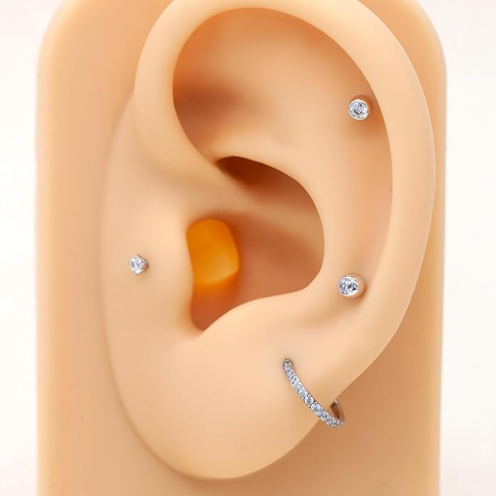 14k Yellow/White Gold Body Jewelry Earrings for Women Threaded Micro CZ Gem Top Tragus/Helix/Labret Stud 16G 6mm 8mm