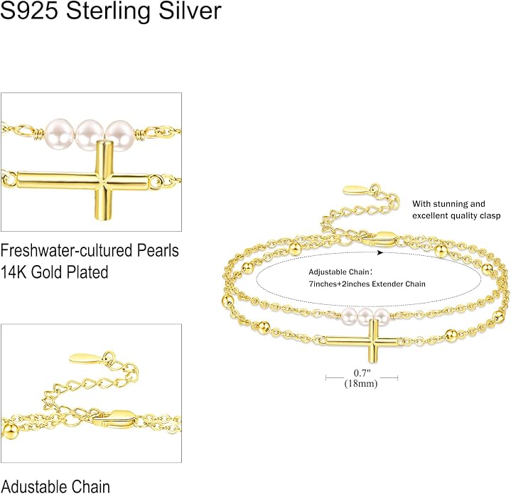 Palpitate Cross Anklet for Women Pearl Cross Ankle Bracelets 14K Gold Plated Adjustable Layered Foot Bead Chain for Women Beach Jewelry Christmas Gifts