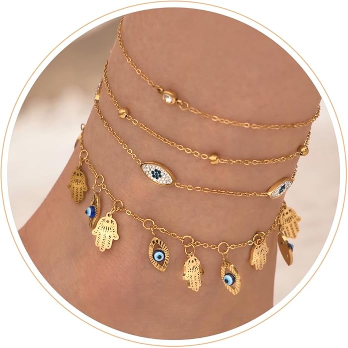 LOFITOR Ankle Bracelets for Women Glitter Waterproof Adjustable Anklet Set for Women 18K Gold Plated Silver Charm Dainty Layered Anklets, Summer Beach Anklet Jewelry for Women