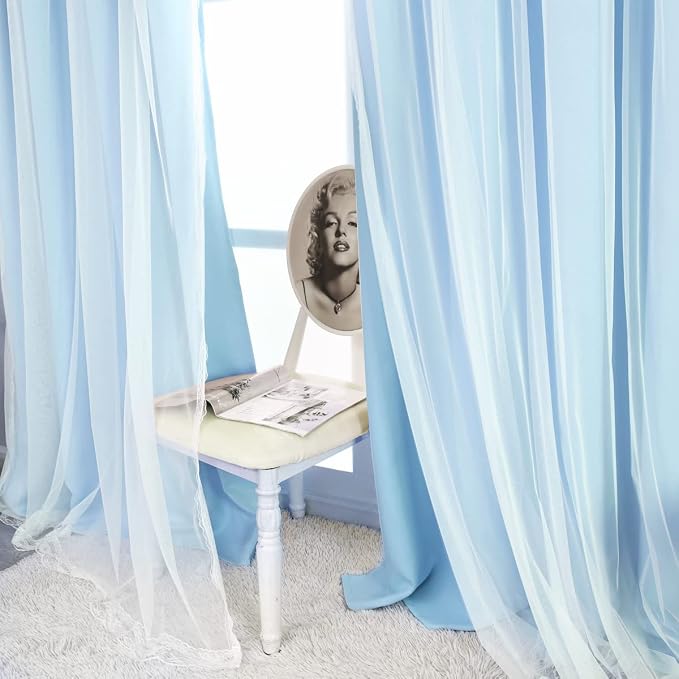 Light Blue Blackout Curtains 84 inch Length - Double Layers Blue Romantic Curtains with Sheer Overlay, Window Curtains & Drapes for Kids/Girls/Boys Bedroom Living Room Nursery, 2 PCs
