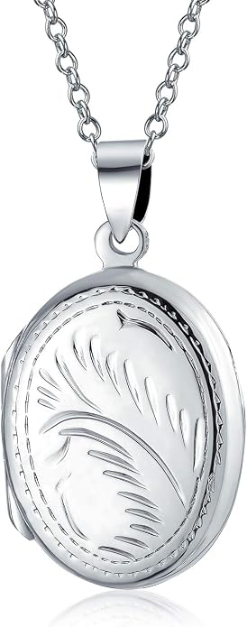 Bling Jewelry Vintage Style .925 Silver Oval Shape Lockets for Women Personalized Engrave Floral Leaf Photo Locket Necklace Pendant Medium Size Holds Pictures