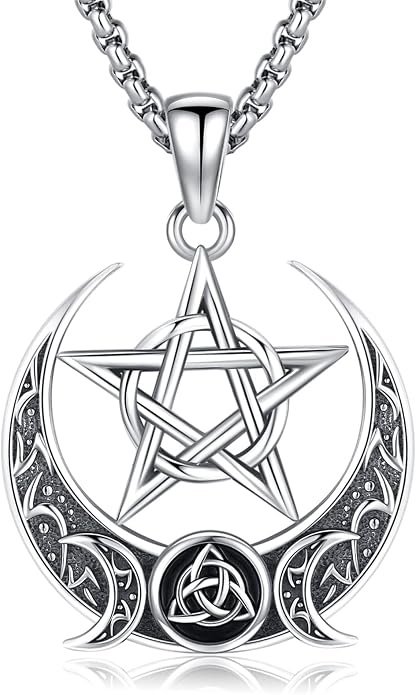 Pentagram Necklace Sterling Silver Triple Moon Goddess/Celtic Knot Witches Knot/Ankh/Sun and Moon/Hecate/Lilith/Santa Muerte/Tetragrammaton Pendant Necklace Pagan Wiccan Magic Egyptian Amulet Jewelry for Women Men
