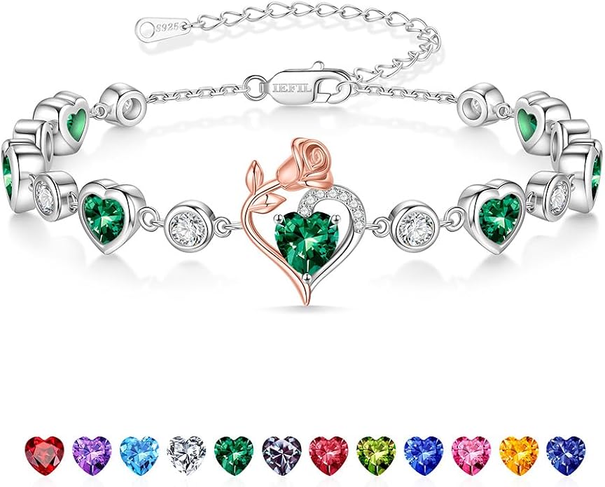 Iefil Birthstone Bracelets for Women - 925 Sterling Silver Rose Heart Charm Bracelets, Anniversary Birthday Gifts for Women Wife Mom Girlfriend Daughter, 6"+2"