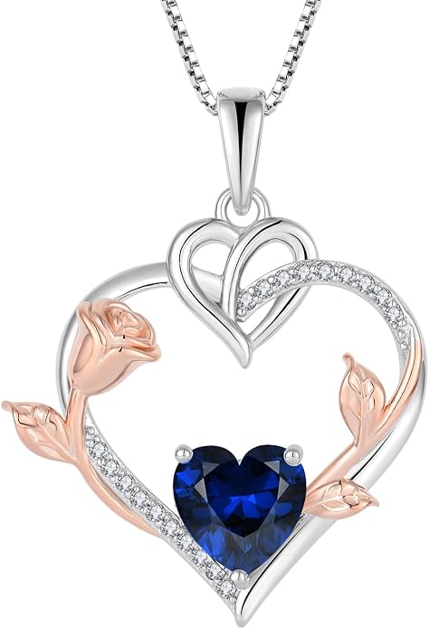 Rose Heart Necklaces for Women - 925 Sterling Silver Gold Rose Birthstone Pendant Jewelry for Girlfriend Daughter - Anniversary Birthday Christmas Valentines Day Mother’s Day Jewelry Gifts for Women Wife Her Girls Mom