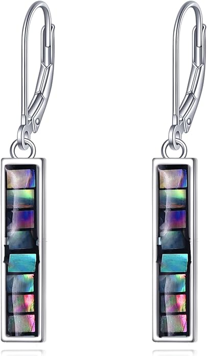 CRMAD Abalone Shell Bar Earrings for Women Sterling Silver Leverback Earrings Abalone Jewelry Gift