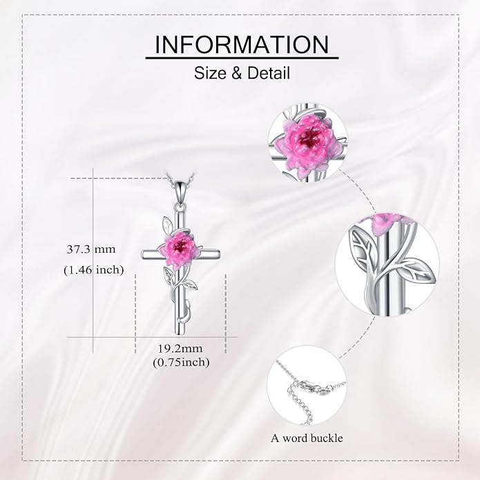 Flower Cross Necklace 925 Sterling Silver Carnation/Rose/Lily/Daisy Cross Necklace Birth Flower Jewelry for Women