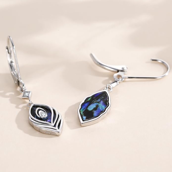 CUOKA MIRACLE Peacock Feather Earrings 925 Sterling Silver Abalone Shell Earring Hypoallergenic Bohemia Earrings for Women Jewelry Christmas Birthday Gifts for Women Men Mom