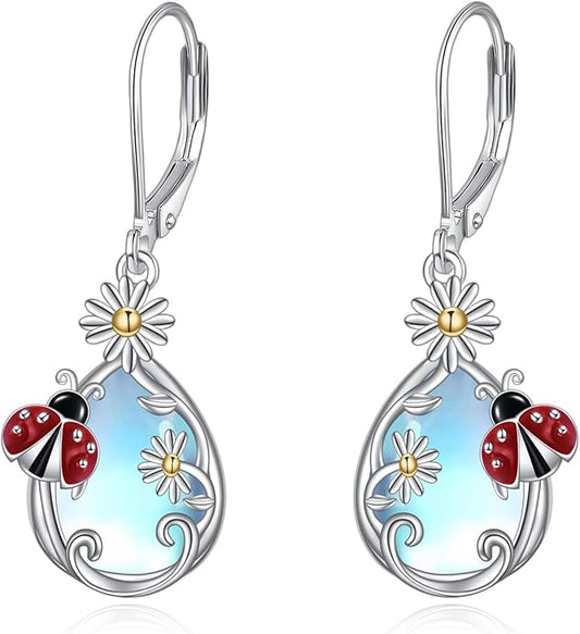 AOBOCO Teardrop Dangle Earrings for Women 925 Sterling Silver Moonstone Flower Filigree Leverback Jewelry Birthday