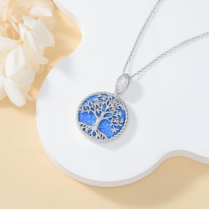 Tree of Life Moissanite Necklace, 925 Sterling Silver 0.5 Carat Moissanite Abalone Shell/Opal/Black Onyx/Turquoise/Malachite/Tiger Eye Stone Tree of Life Pendant Necklaces Jewelry Gift for Women Mom