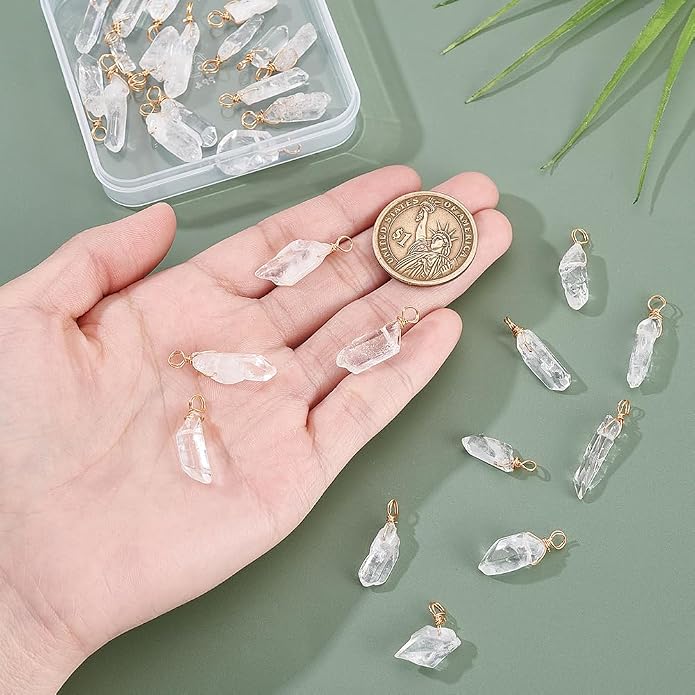 AHANDMAKER 30pcs Natural Quartz Crystal Pendant, 1 Inch Golden Copper Wire Wrapped Gemstone Charm Knotting Crystal Beads Column Drop for Earring Necklace Jewelry Making, Hole 2.8mm