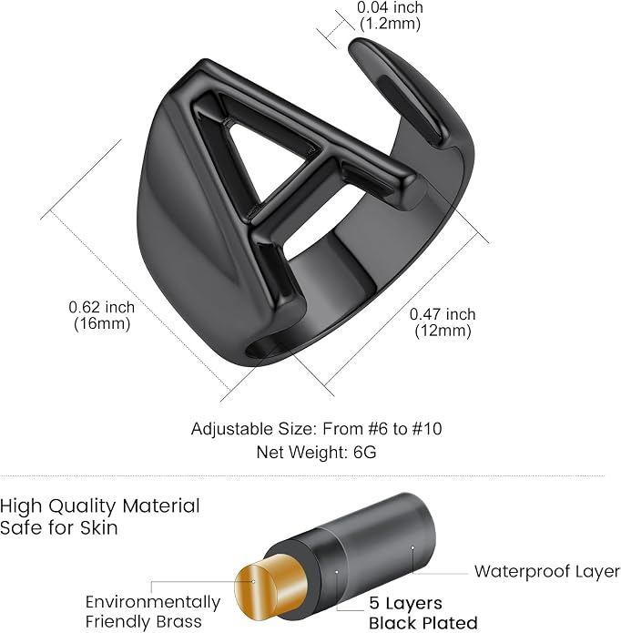 KeyStyle Bold Initial Letter Rings Adjustable, GoldChic Jewelry Women Gold Statement Ring Personalized Engraved Women’s Open Signet Ring for Party (Gold, White Gold, Black)