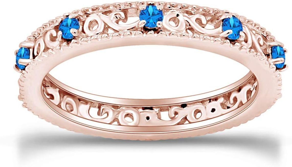 Jewel Zone US Filigree Eternity Wedding Band Ring for Women, Round Cut Simulated Gemstone Stackable Promise Ring in 14K Gold Plated 925 Sterling Silver Band Width 3.5mm – Elegant Jewelry for Her
