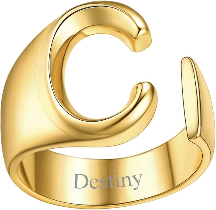 FindChic Customizable Initial Ring Statement 18K Gold Plated Fashion Cuff Rings for Women Alphabet Letter A to Z Resizable Knuckle Ring (with Gift Box)
