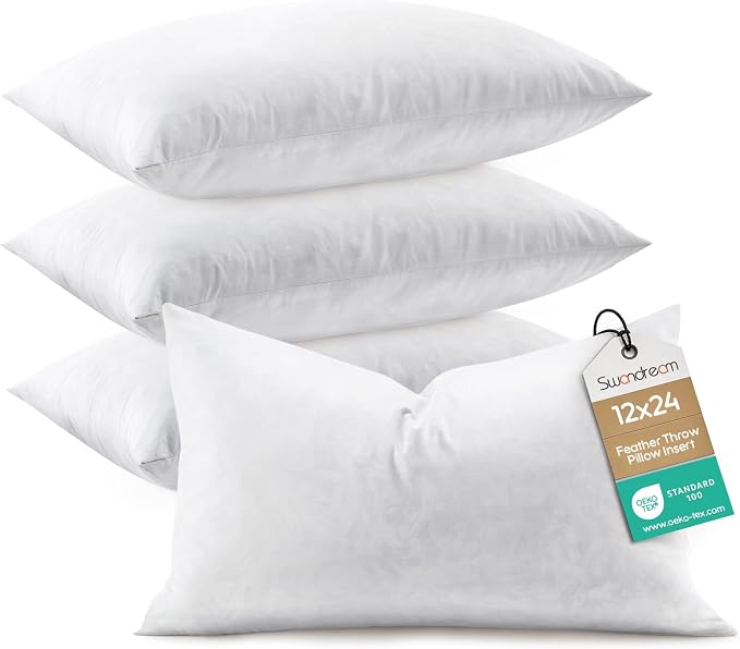 12x24 Feather Lumbar Pillow Insert Set of 4, Decorative Throw Pillow Insert for Covers, Fuller Fit with Soft Support for Bed and Couch
