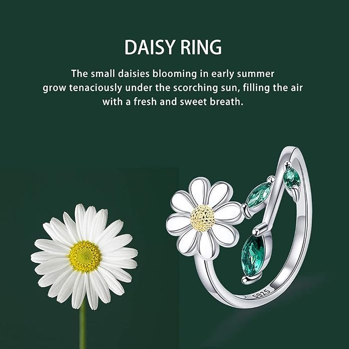 Daisy Anxiety Relieve Rings - 925 Sterling Silver You Are My Sunshine Sunflower Fidget Jewelry ADHD Stress Relieving Spinner Ring for Women