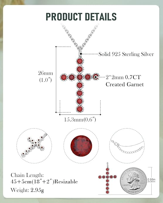 925 Sterling Silver 18 inch Birthstone Cross Pendant Necklace for Women Men