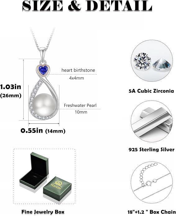 Heart Birthstone Pearl Pendant Necklace, 925 Sterling Silver Infinity Necklace with 10mm Freshwater Cultured Pearl & 4mm Gemstone Jewelry for Women