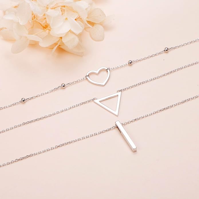 Layered Choker Necklaces for Women S925 Sterling Silver Circle/Heart/Cross/Star Multi Layered Necklace Handmade Bead Chain Adjustable Jewelry for Birthday