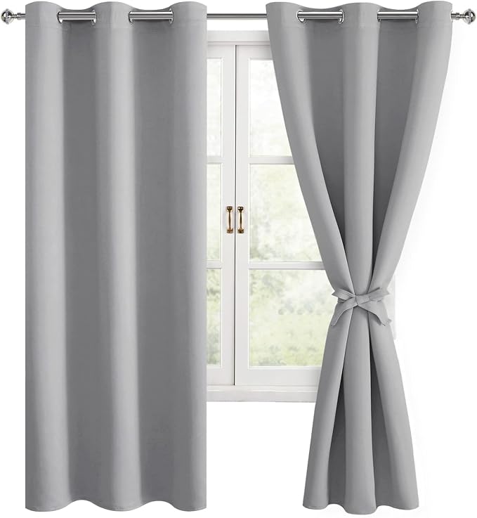 Hiasan Blackout Curtains for Bedroom, 42 x 63 Inches Length - Thermal Insulated & Light Blocking Window Curtains for Living Room, 2 Drape Panels Sewn with Tiebacks, Silver Grey