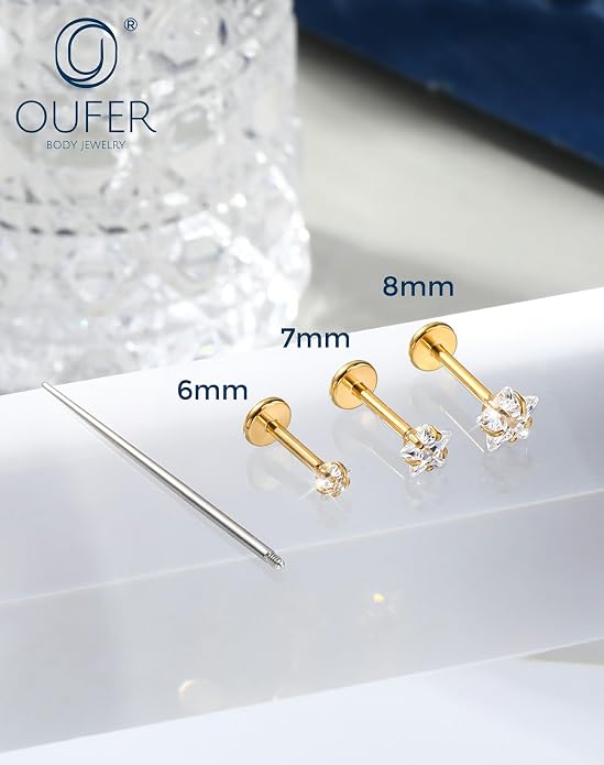 OUFER 18G 6/7/8MM Flat Back Cartilage EarRings-3PCS Gold Titanium Extended Internally Threaded Lip Piercing 2/3/4MM Round Clear CZ Helix Piercing Jewelry
