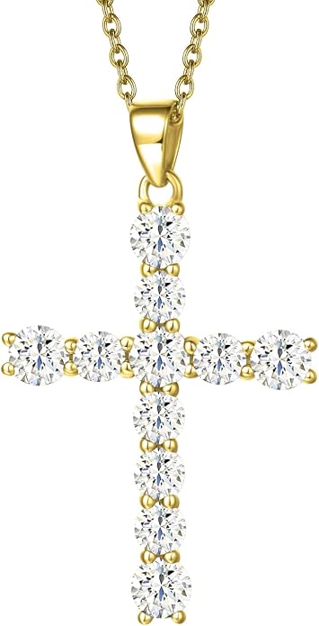 Carleen Cross Necklace For Women Yellow Gold Plated Sterling Silver Cubic Zirconia CZ Simulated Diamond Cross Crucifix Pendant Necklace Jewelry Easter Gift for Women, 18" Silver Chain Nice Gifts Jewelry Box