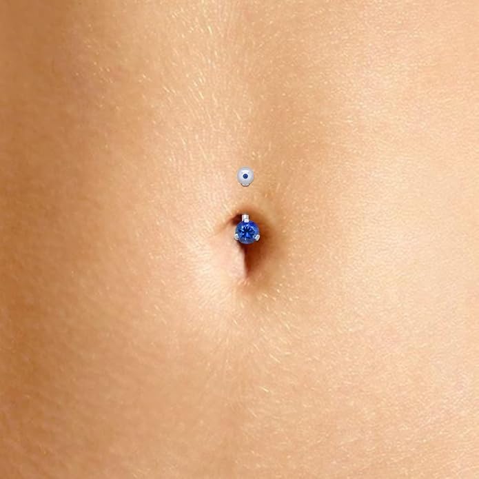 AFFY Internally Threaded Belly Button Navel Ring for Women, Three-Prong Round Simulated Birthstone in 14K Gold Over 925 Sterling Silver, Body Piercing Jewelry Gift