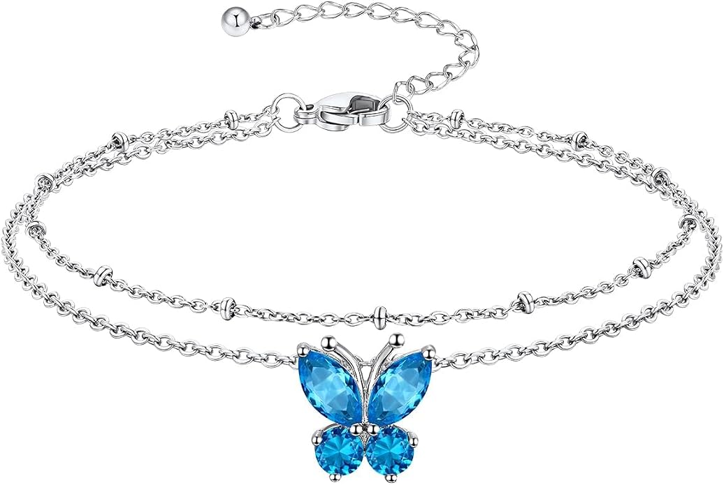 Richsteel Double Layer Heart/Butterfly Birthstone Anklet for Women Non Tarnish Waterproof, Silver/Gold/Black Stainless Steel 8.5-10.5 Inch Adjustable Chain Anklets Jewelry Gifts for Her