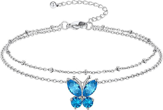 Richsteel Double Layer Heart/Butterfly Birthstone Anklet for Women Non Tarnish Waterproof, Silver/Gold/Black Stainless Steel 8.5-10.5 Inch Adjustable Chain Anklets Jewelry Gifts for Her