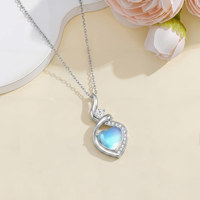Heart Necklace 925 Sterling Silver Created Moonstone/Turquoise/Lapis Lazuli/Opal Heart Necklace Pendant Necklace Jewelry Gifts for Women