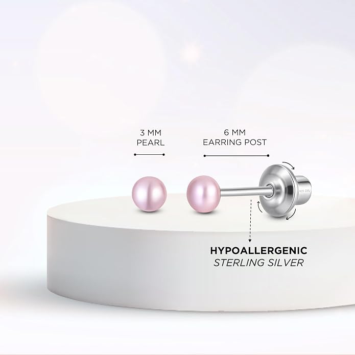 Pearl Screw Back Stud Earrings for Baby, Toddler, Girls | Hypoallergenic 925 Sterling Silver Screwback Safety Earrings | Simulated Pearl Studs for Sensitive Ears | Keepsake Gift for Birthdays Holidays Special Occasions