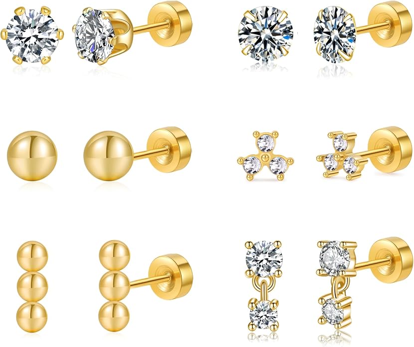 Senteria 6/8 Pairs Stainless Steel Stud Earrings for Women Hypoallergenic Flat Back Stud Earrings Tiny Stainless Steel Earring Small Cartilage Earring Set for Multiple Piercing