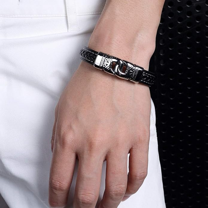 Mens Leather Bracelet,Braided Leather Wristband Cuff Bracelets Stainless Steel Clasp,Jewellery Gift for Men